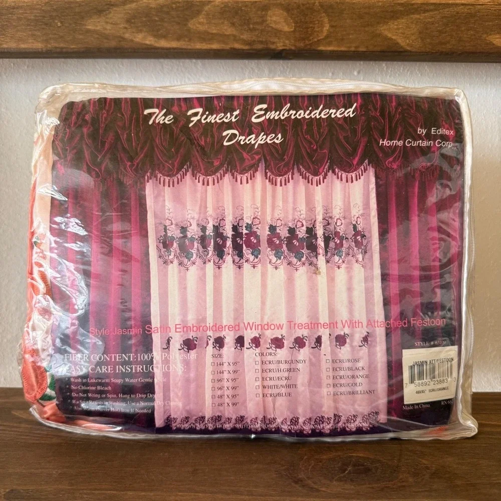 Vintage Peach Ecru Satin Embroidered Curtain Set Festoon Floral 48x95 NOS Farm